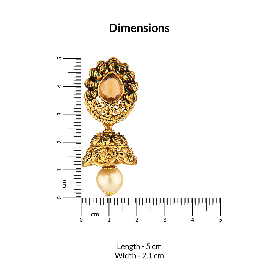 Antique Gold Oxidized Traditional Jhumka Earrings with Peach Stone & Pearl