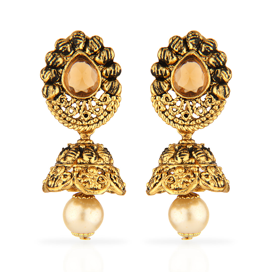 Antique Gold Oxidized Traditional Jhumka Earrings with Peach Stone & Pearl