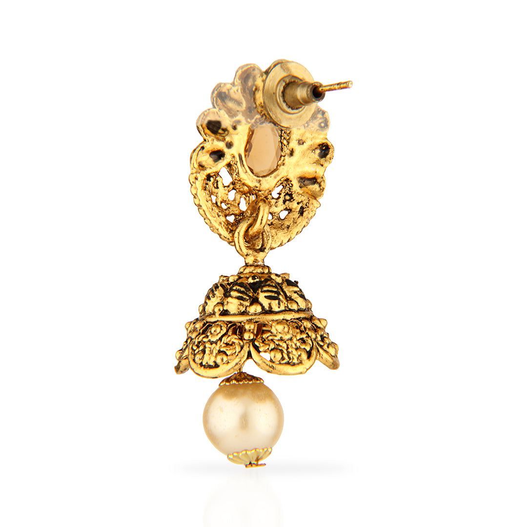 Antique Gold Oxidized Traditional Jhumka Earrings with Peach Stone & Pearl