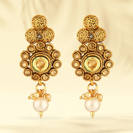 Antique Gold Oxidized Floral Drop Earrings with Champagne Stones & Pearls