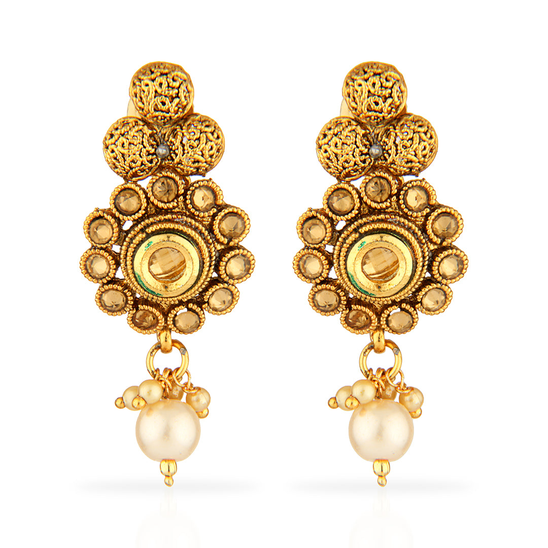 Antique Gold Oxidized Floral Drop Earrings with Champagne Stones & Pearls