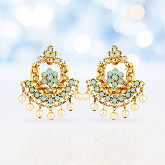 Antique Gold Oxidized Grand Chandbali Earrings with Blue Stones & Pearls