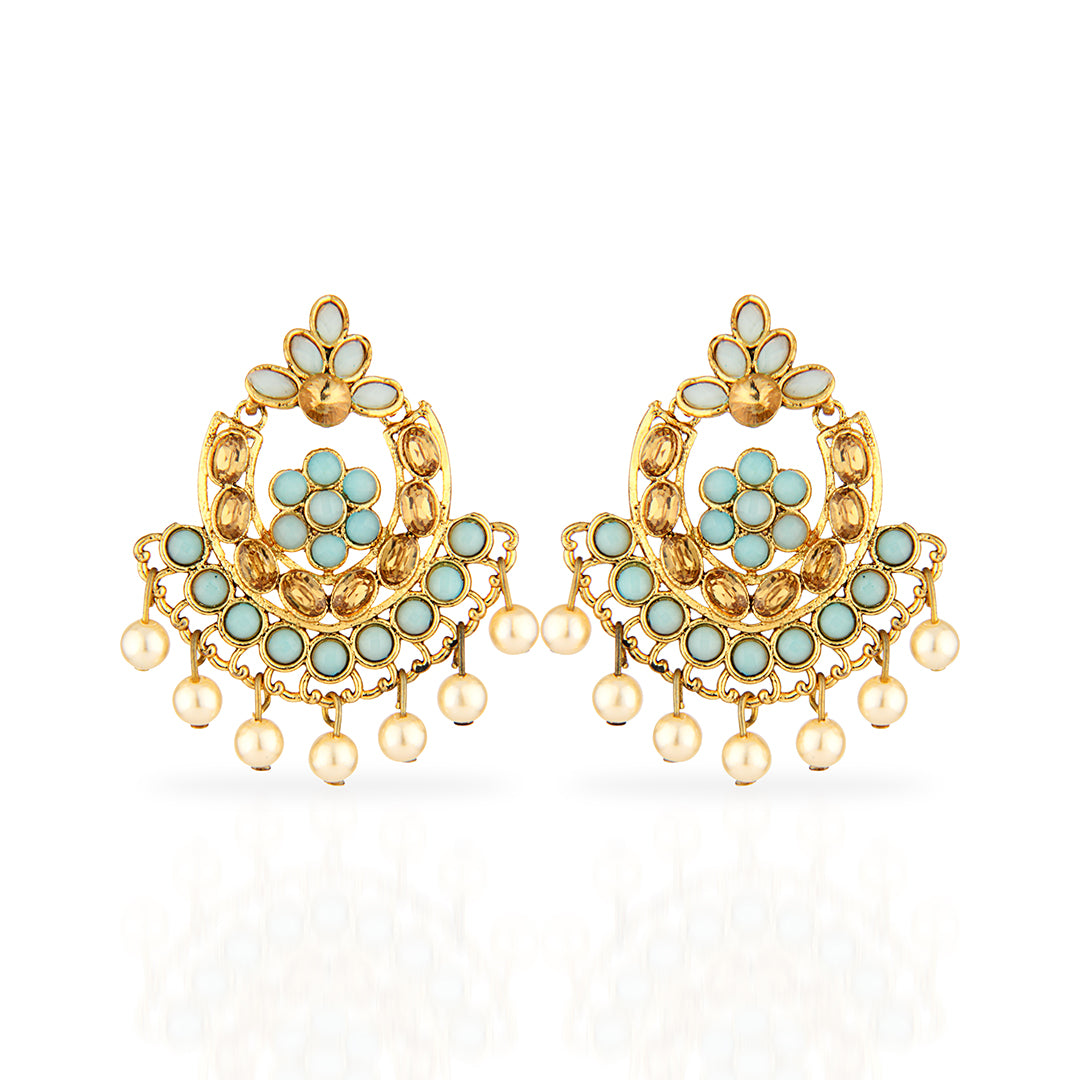 Antique Gold Oxidized Grand Chandbali Earrings with Blue Stones & Pearls