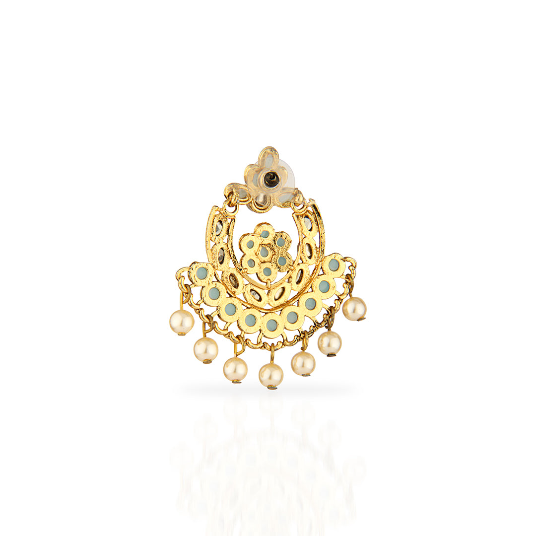 Antique Gold Oxidized Grand Chandbali Earrings with Blue Stones & Pearls