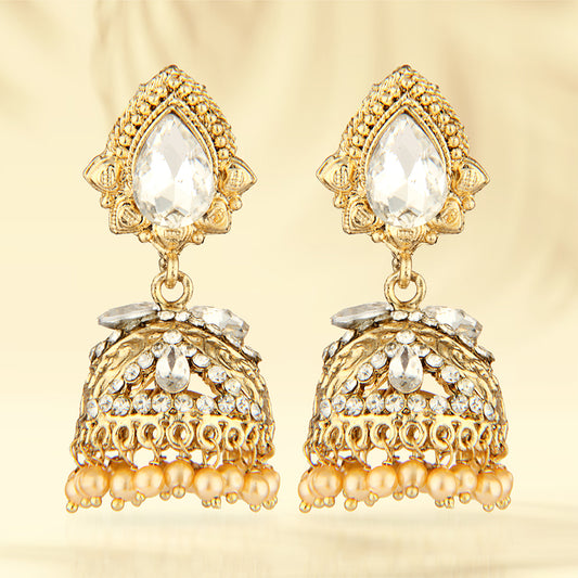 Antique Gold Oxidized Dual-Tone Chandbali Earrings with Pink & Champagne Stones