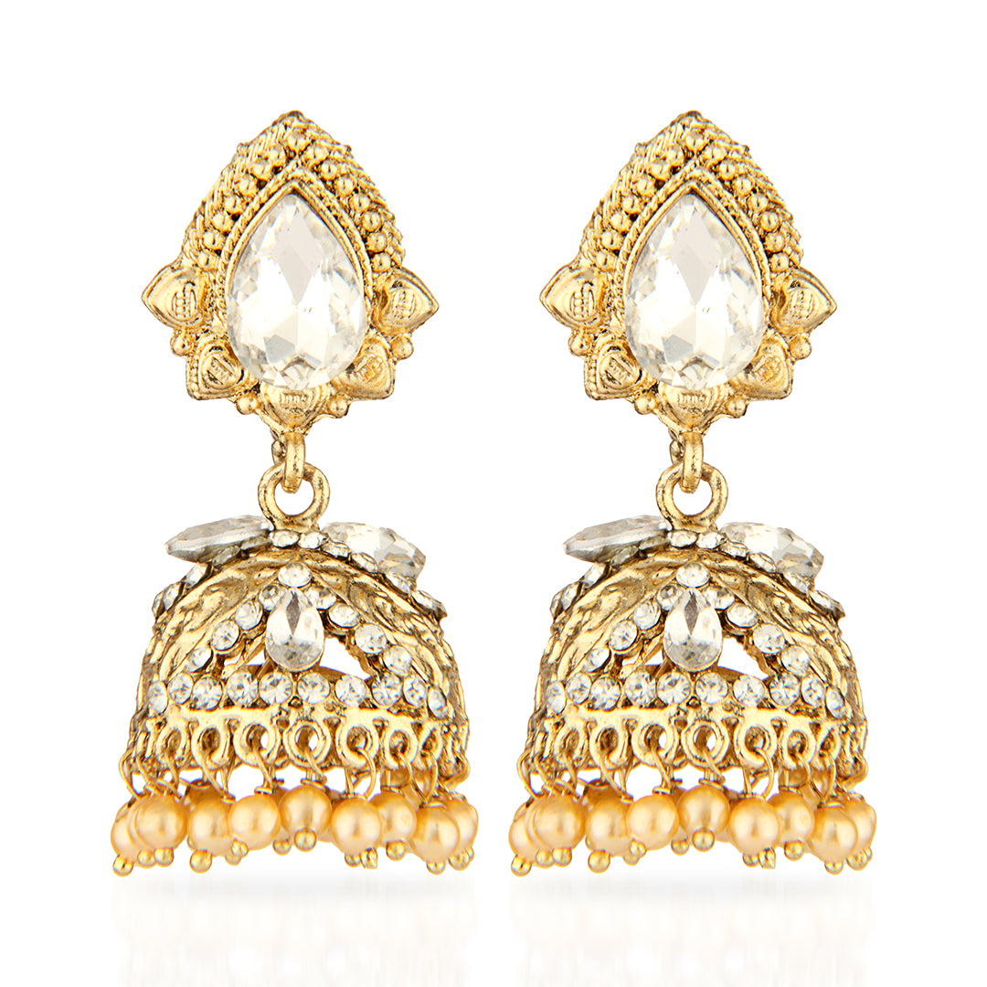Antique Gold Oxidized Dual-Tone Chandbali Earrings with Pink & Champagne Stones