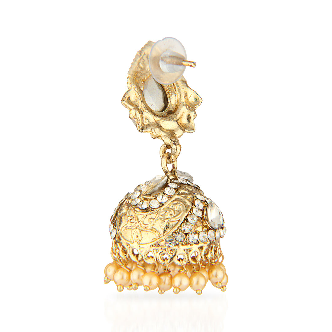 Antique Gold Oxidized Dual-Tone Chandbali Earrings with Pink & Champagne Stones