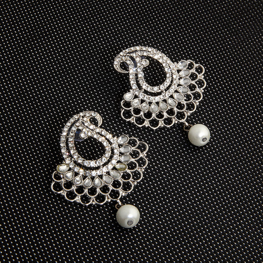 Oxidized Silver Paisley/Mango Drop Earrings with Clear Stones & Pearl
