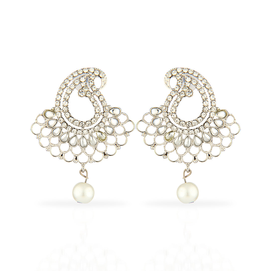 Oxidized Silver Paisley/Mango Drop Earrings with Clear Stones & Pearl