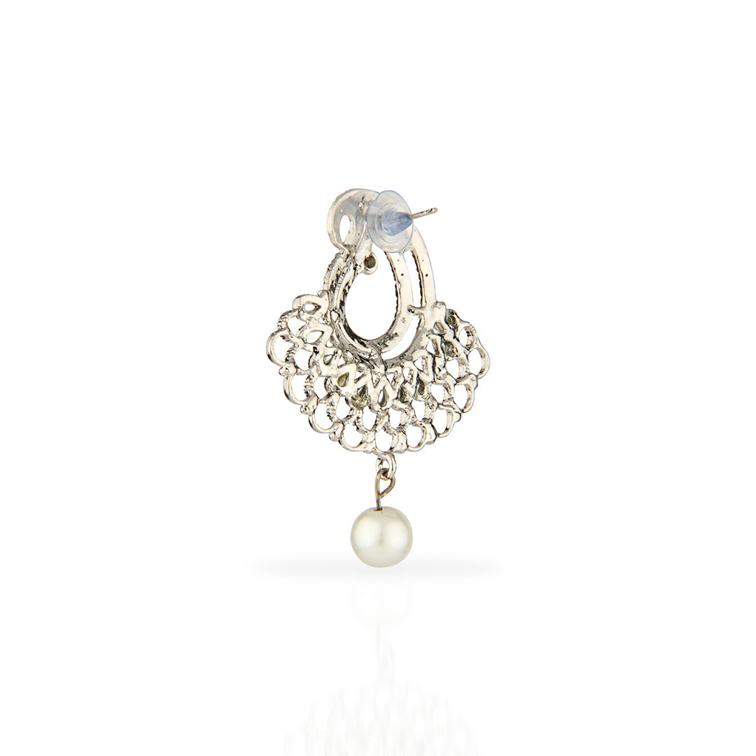 Oxidized Silver Paisley/Mango Drop Earrings with Clear Stones & Pearl
