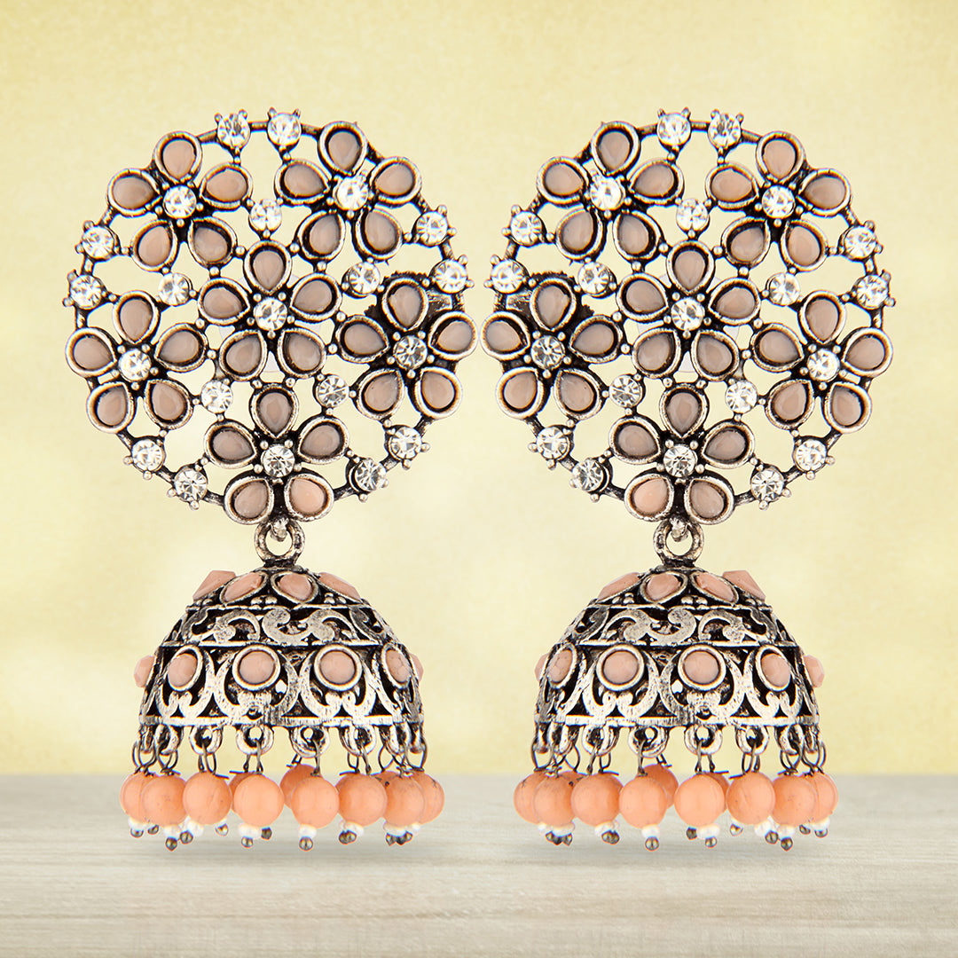 Oxidized Silver Floral Jhumka Earrings with Peach Stones & Clear Crystals