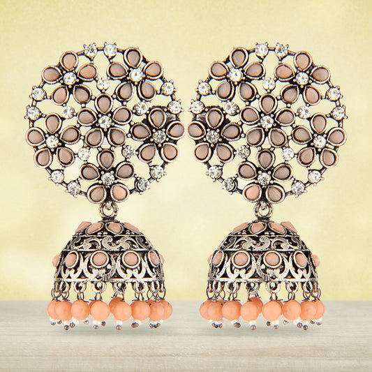 Oxidized Silver Floral Jhumka Earrings with Peach Stones & Clear Crystals
