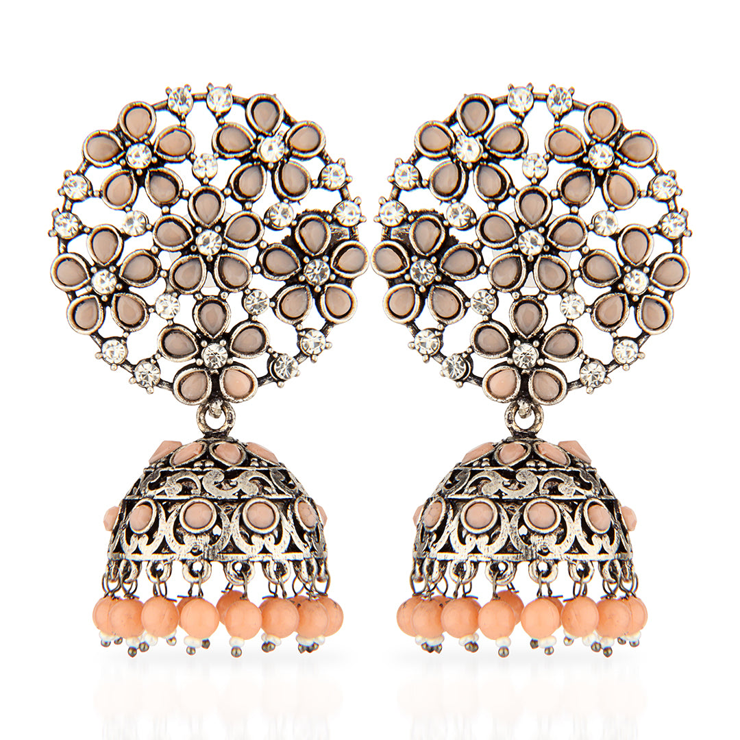 Oxidized Silver Floral Jhumka Earrings with Peach Stones & Clear Crystals