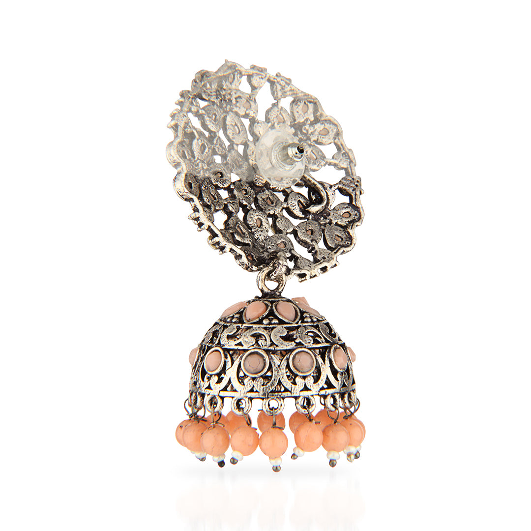 Oxidized Silver Floral Jhumka Earrings with Peach Stones & Clear Crystals