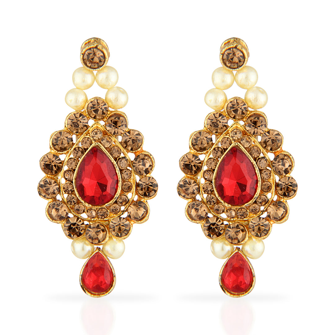 Antique Gold Oxidized Maang Tikka & Earring Set with Red & Champagne Stones