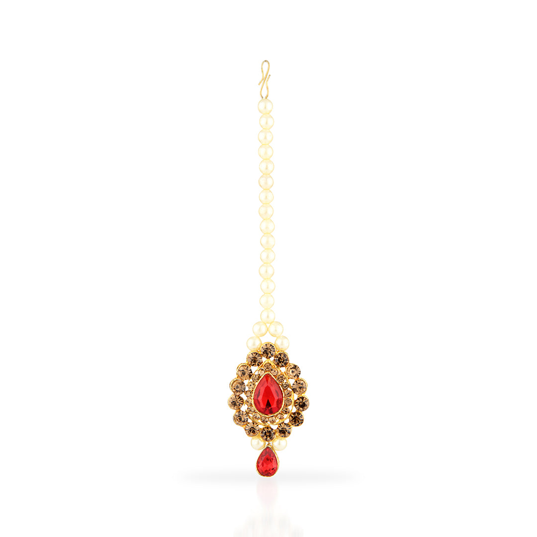 Antique Gold Oxidized Maang Tikka & Earring Set with Red & Champagne Stones