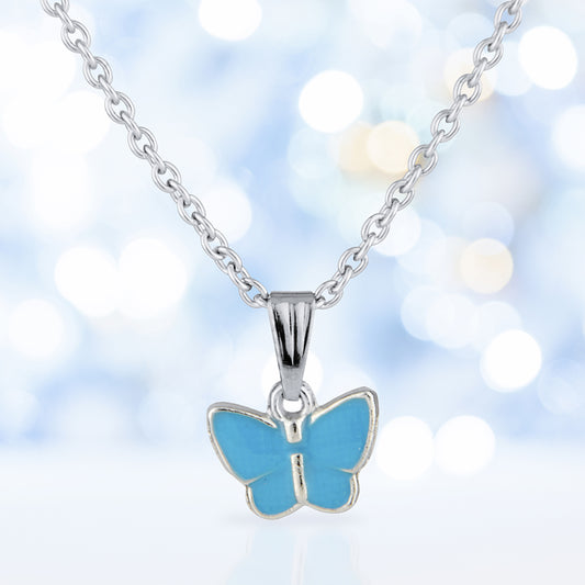 Cute Blue Butterfly Silver Necklace