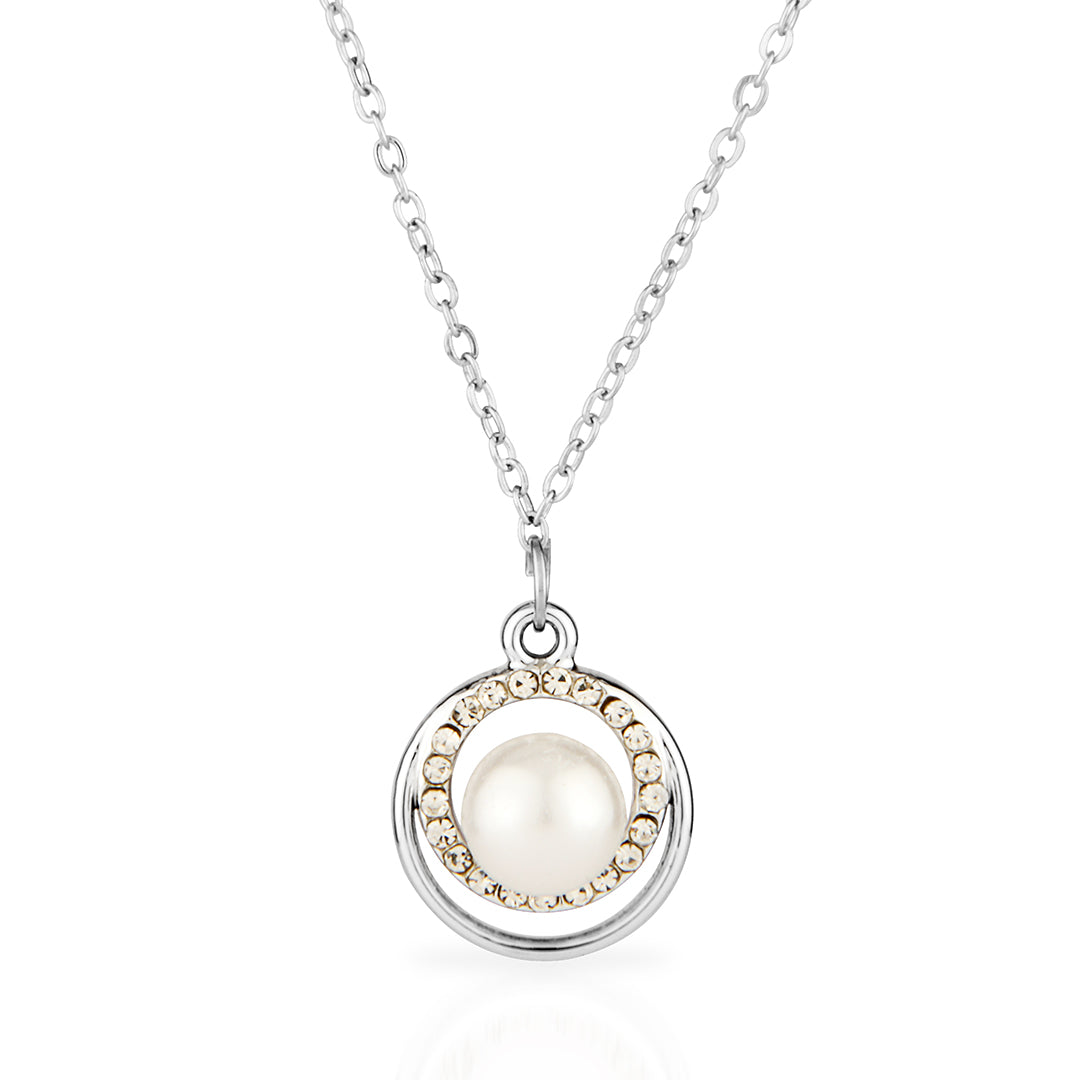 Sterling Silver Pearl & Crystal Halo Necklace
