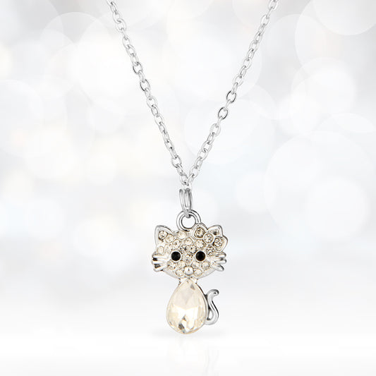 Sterling Silver Crystal Cat Necklace with Teardrop Stone