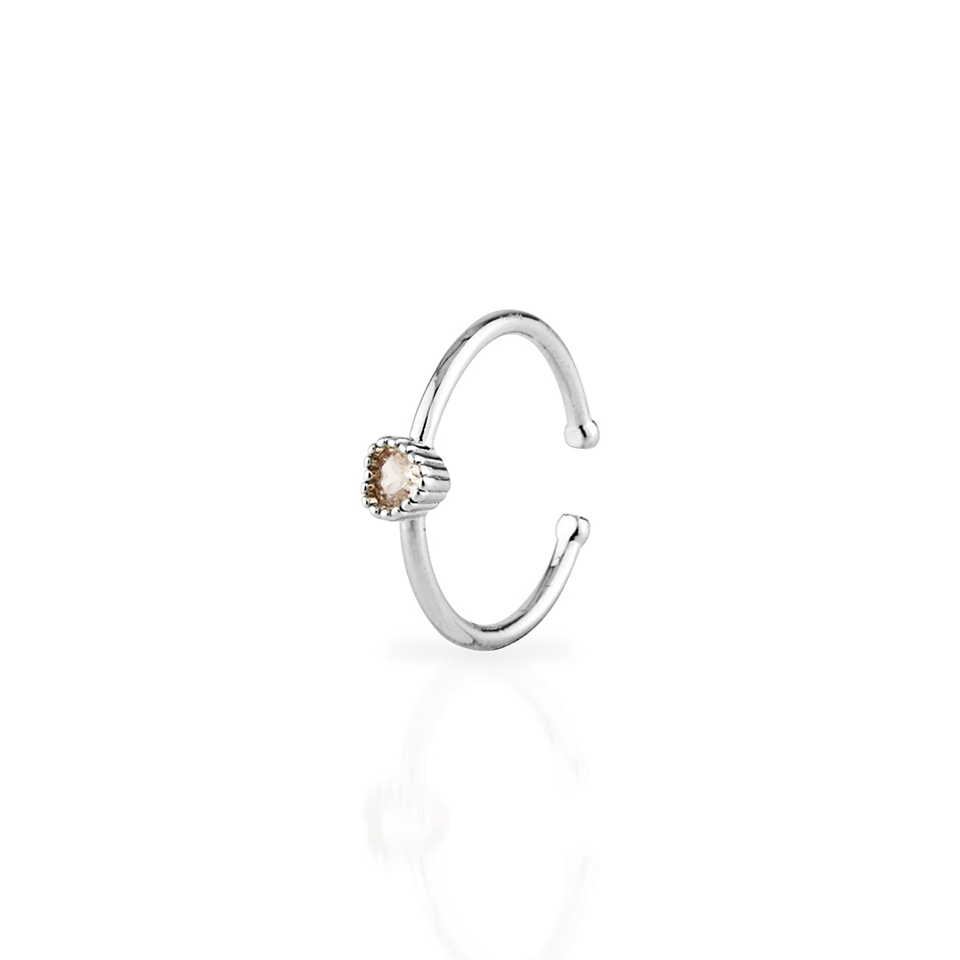 Delicate Sterling Silver Adjustable Open Ring with Heart-Set Cubic Zirconia
