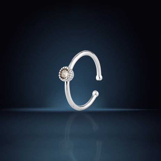 Delicate Sterling Silver Adjustable Open Ring with Textured Bezel Cubic Zirconia
