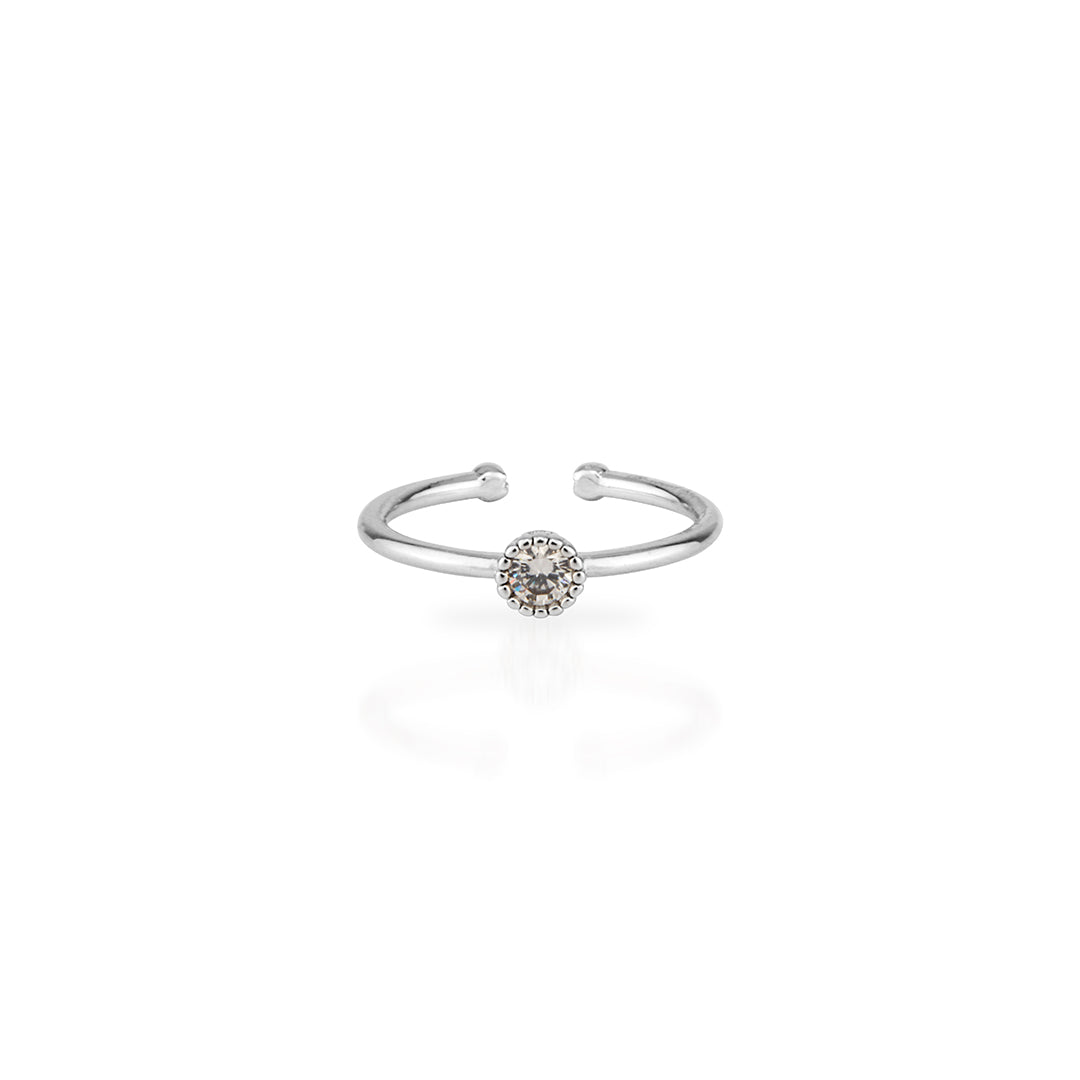 Delicate Sterling Silver Adjustable Open Ring with Textured Bezel Cubic Zirconia