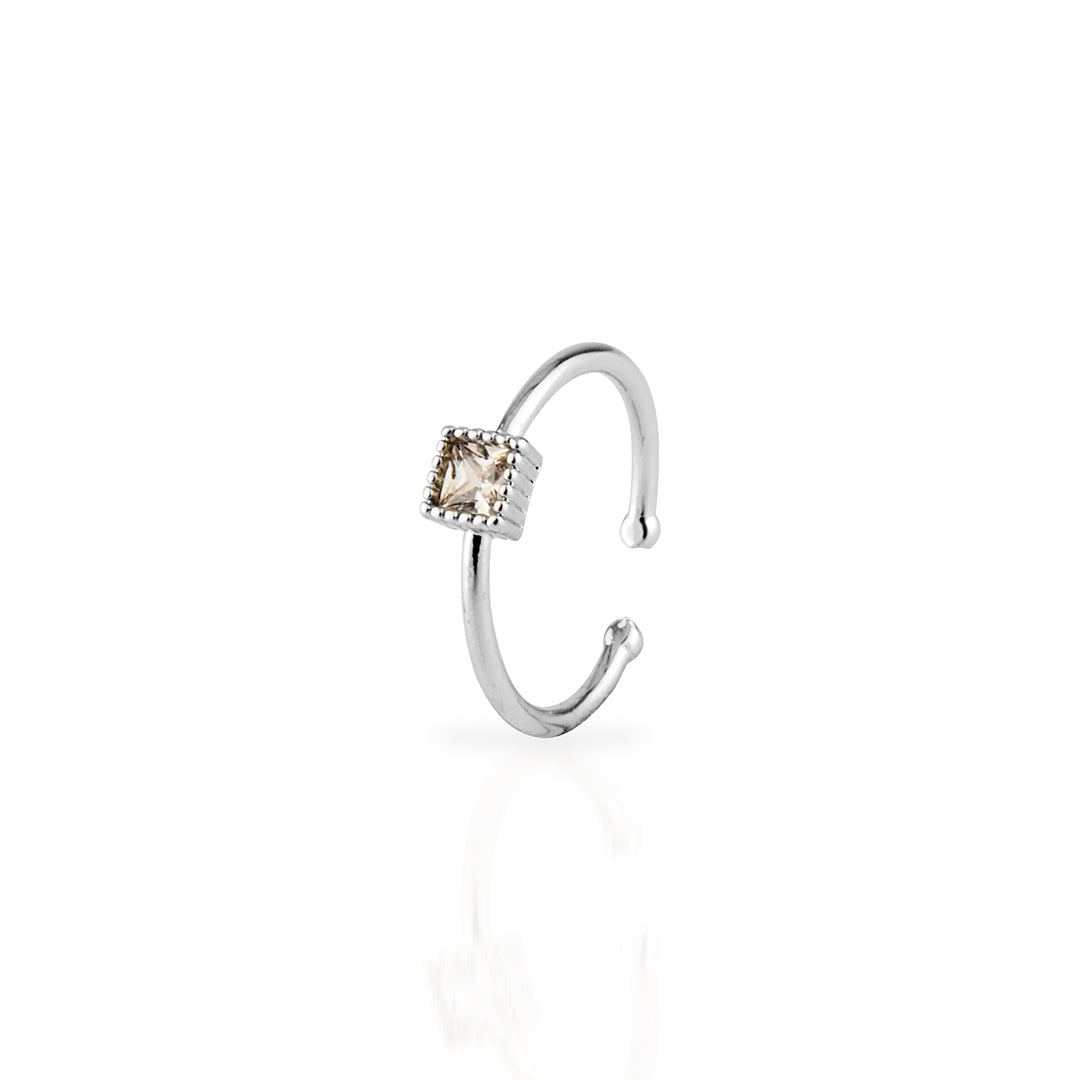 Delicate Sterling Silver Adjustable Open Ring with Square CZ in Geometric Bezel
