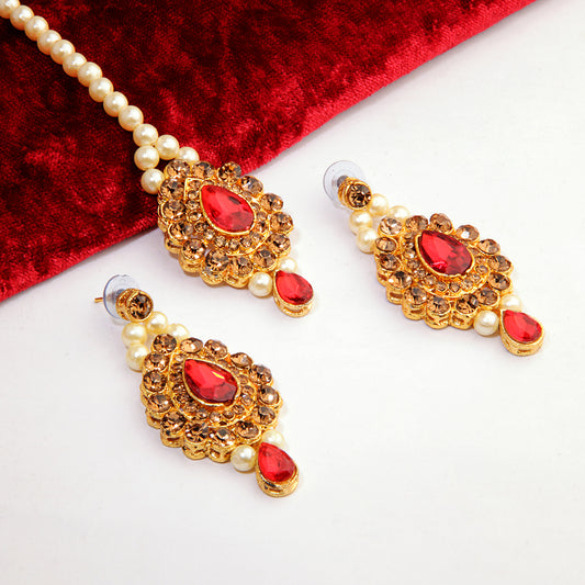 Antique Gold Oxidized Maang Tikka & Earring Set with Red & Champagne Stones