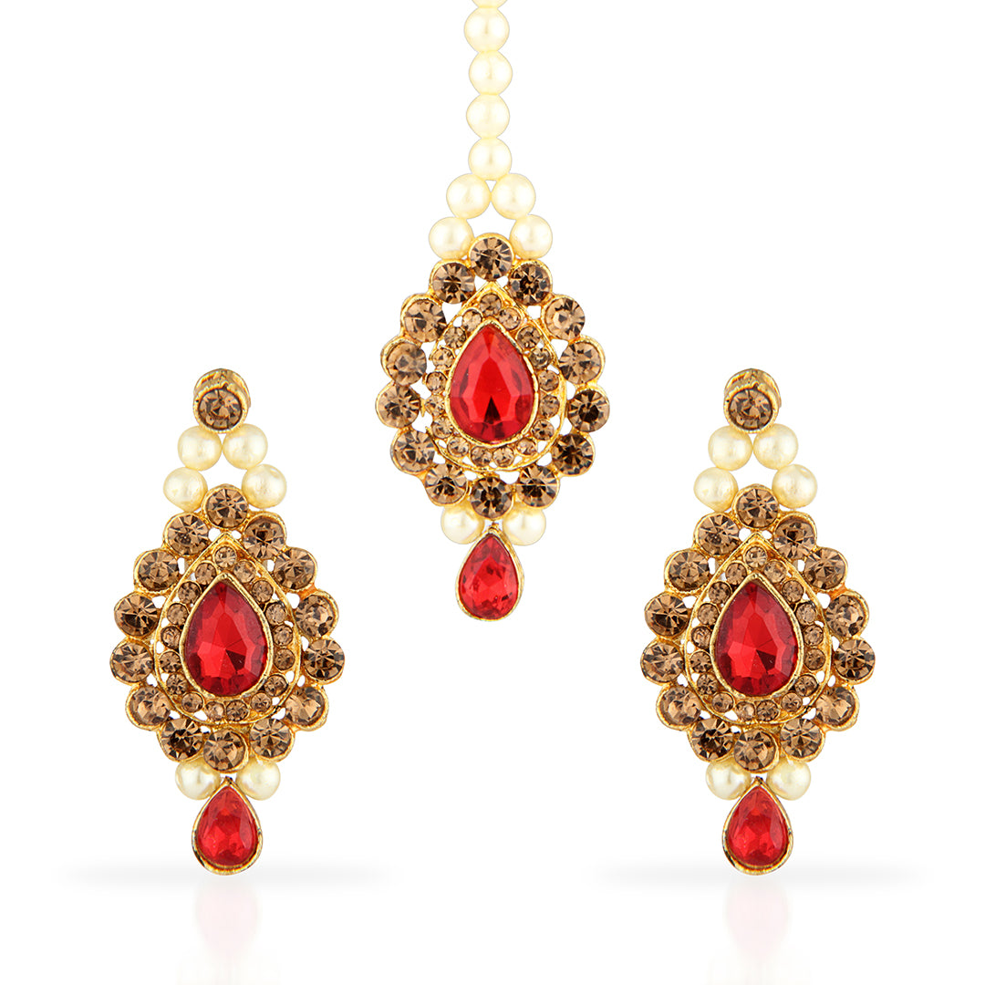 Antique Gold Oxidized Maang Tikka & Earring Set with Red & Champagne Stones
